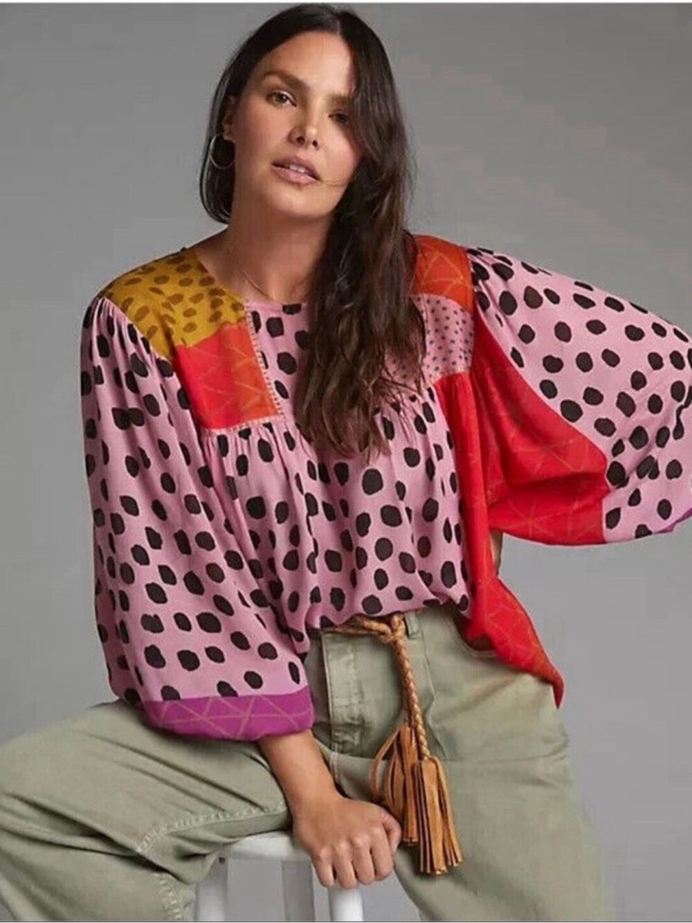 Anthropologie BI-nk London Miranda Peasant Blouse Size Large Animal Print Pink